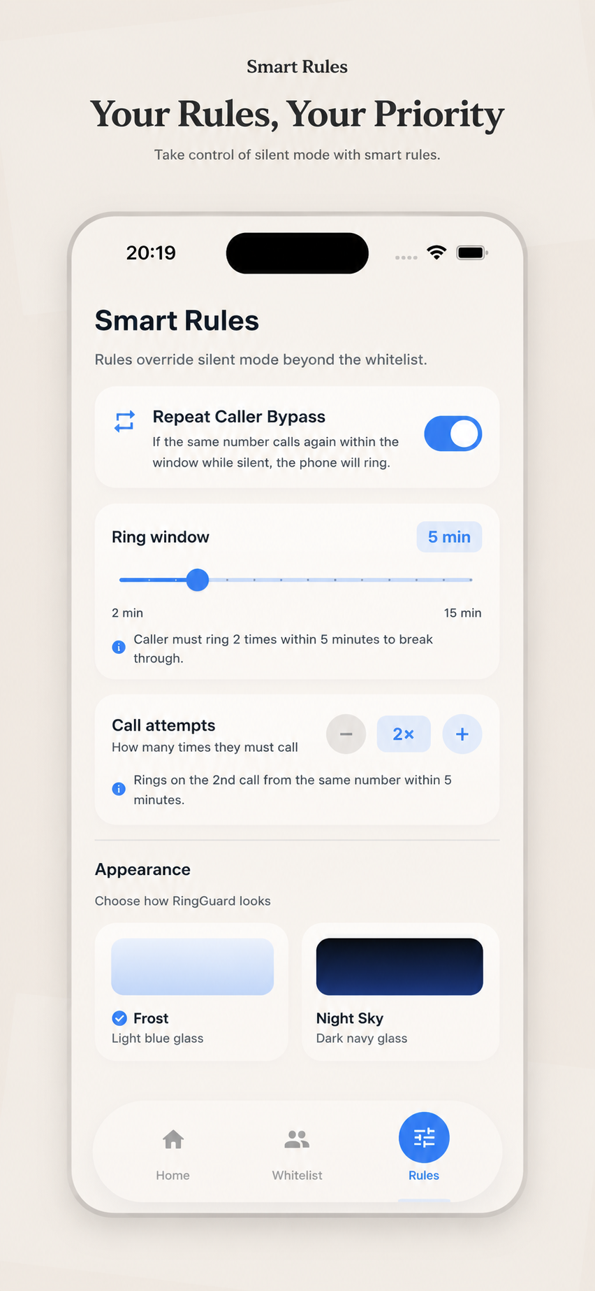 The RingGuard Smart Rules screen with repeat caller bypass and ring window settings.